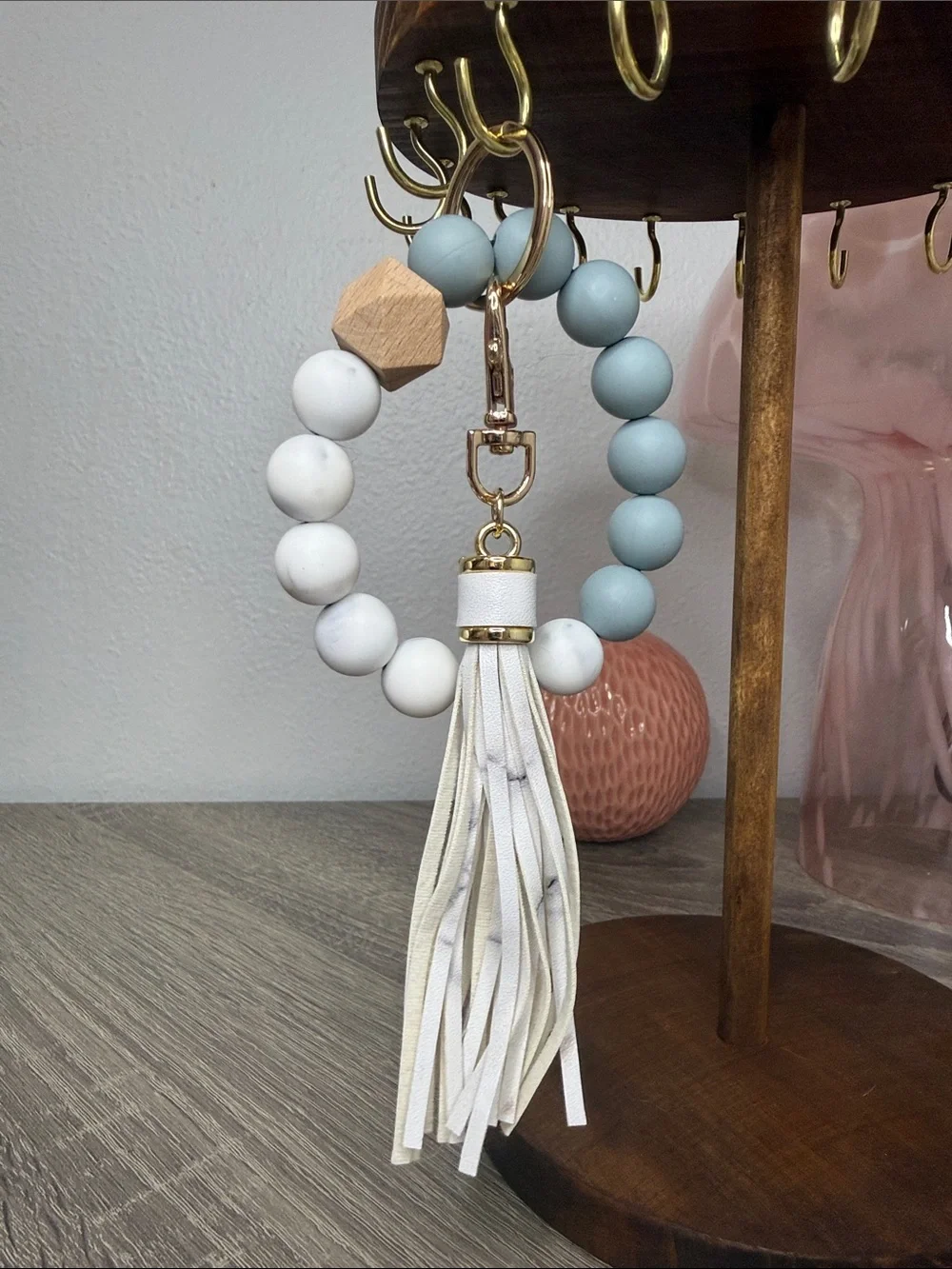 Gray & White Beaded Tassel Keychain Bracelet